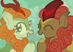 Size: 2278x1636 | Tagged: safe, artist:mandumustbasukanemen, derpibooru import, autumn blaze, kirin, duo, duo female, eyes closed, female, image, jpeg, laughing, traditional art