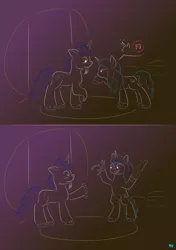 Size: 900x1275 | Tagged: safe, artist:quint-t-w, derpibooru import, izzy moonbow, oc, oc:silly words, pony, sabertooth pony, unicorn, my little pony: a new generation, 2 panel comic, bipedal, comic, duo, fangs, female, fit right in (g5), g5, gradient background, grin, hoof hold, image, looking at each other, looking at someone, male, minimalist, modern art, pictogram, pliers, png, raised hoof, saw, scared, sharp teeth, smiling, teeth, thinking, unshorn fetlocks, video in description