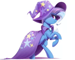 Size: 2500x2000 | Tagged: safe, artist:thebatfang, derpibooru import, trixie, pony, unicorn, cape, clothes, female, hat, high res, image, looking at you, mare, png, rearing, simple background, smiling, solo, standing on two hooves, trixie's cape, trixie's hat, white background