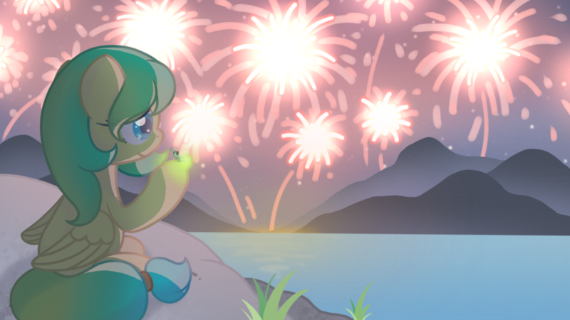 Size: 1200x675 | Tagged: safe, artist:featherfall, derpibooru import, oc, oc:firefly glimmer, unofficial characters only, firefly (insect), insect, pegasus, pony, cute, female, fireworks, grass, image, lake, looking at something, mare, mountain, pegasus oc, png, smiling, solo, water, wings