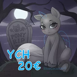 Size: 2048x2048 | Tagged: safe, artist:bluecocoaart, derpibooru import, oc, pony, commission, edgy, goth, grave, gravestone, graveyard, horseshoes, image, moon, night, outdoors, png, sitting, solo, your character here