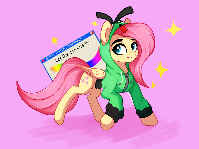 Size: 2800x2100 | Tagged: safe, artist:stravy_vox, artist:stravyvox, derpibooru import, fluttershy, pegasus, pony, antonymph, clothes, female, fluttgirshy, gir, high res, image, invader zim, microsoft, png, simple background, solo, windows, windows xp