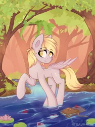 Size: 3000x4000 | Tagged: safe, artist:stravy_vox, derpibooru import, derpy hooves, pegasus, pony, bag, female, forest, frown, high res, i just don't know what went wrong, image, letter, lilypad, mailbag, mare, png, river, solo, tree, water