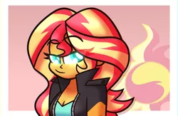 Size: 5220x3396 | Tagged: safe, artist:iceflower99, derpibooru import, sunset shimmer, equestria girls, bust, clothes, cutie mark, image, jacket, png, simple background, solo, video at source, video in description