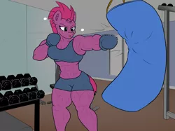 Size: 1605x1203 | Tagged: safe, artist:astrum, artist:calm wind, artist:matchstickman, derpibooru import, edit, tempest shadow, anthro, unicorn, 1000 years in photoshop, abs, boxing, boxing gloves, clothes, gym, gym shorts, image, muscles, png, punch, punching bag, sports, sports bra, sweat, temple shadow, training, workout, workout outfit