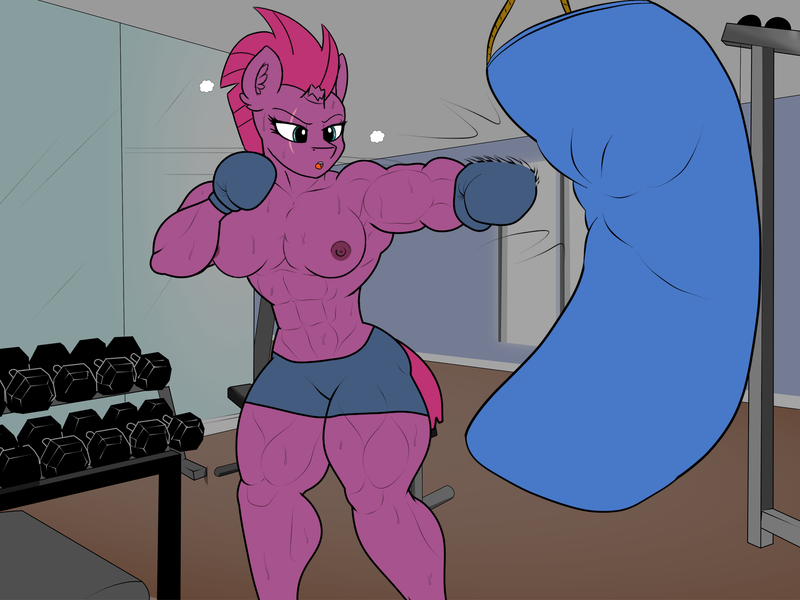 Size: 1605x1203 | Tagged: questionable, alternate version, artist:astrum, artist:calm wind, artist:matchstickman, derpibooru import, edit, tempest shadow, anthro, unicorn, 1000 years in photoshop, abs, boxing, boxing gloves, breasts, clothes, gym, gym shorts, image, muscles, nipples, nudity, partial nudity, png, punch, punching bag, sports, sweat, temple shadow, topless, topless edit, training, workout