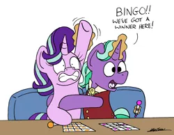 Size: 1956x1516 | Tagged: safe, artist:bobthedalek, derpibooru import, firelight, starlight glimmer, pony, unicorn, atg 2022, bingo, father and child, father and daughter, fathers gonna father, female, image, magic, male, mare, newbie artist training grounds, png, raised hoof, stallion, telekinesis