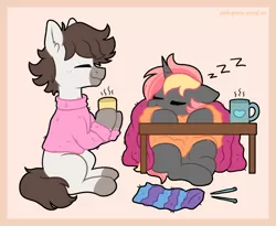 Size: 1500x1227 | Tagged: safe, artist:pink-pone, derpibooru import, oc, unofficial characters only, earth pony, pony, unicorn, blanket, clothes, duo, image, knitting needles, mug, onomatopoeia, png, sleeping, sound effects, sweater, table, zzz