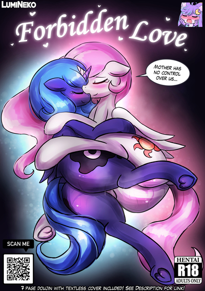 Size: 750x1061 | Tagged: suggestive, artist:lumineko, derpibooru import, princess celestia, princess luna, alicorn, pony, comic:forbidden love, comic, dialogue, duo, eyes closed, female, frog (hoof), image, incest, jpeg, lesbian, mare, pink-mane celestia, princest, qr code, royal sisters, s1 luna, shipping, siblings, sisters, speech bubble, underhoof