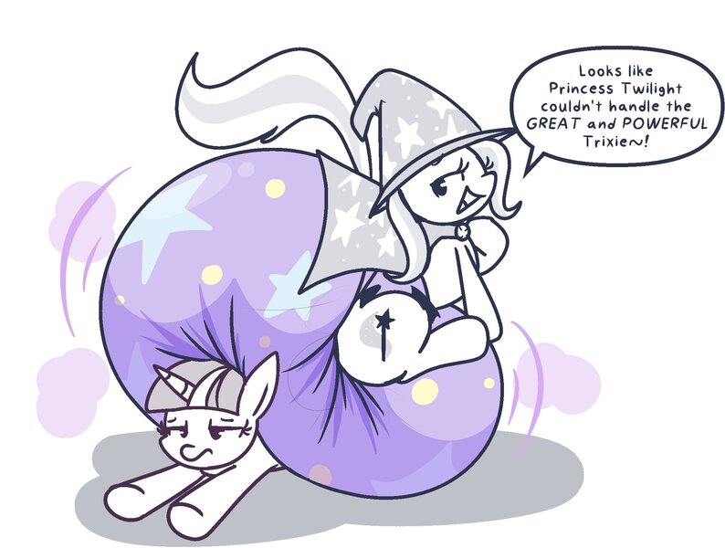 Size: 2060x1557 | Tagged: questionable, artist:shslsadcat, derpibooru import, trixie, twilight sparkle, pony, unicorn, cape, clothes, diaper, diaper fetish, diaper inflation, fetish, hat, image, impossibly large diaper, inflatable diaper, jpeg, poofy diaper, trixie's cape, trixie's hat