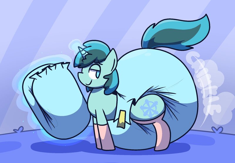 Size: 2049x1422 | Tagged: questionable, artist:shslsadcat, derpibooru import, oc, pony, unicorn, clean diaper, diaper, image, impossibly large diaper, jpeg, non-baby in diaper, poofy diaper, solo