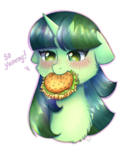 Size: 1618x1978 | Tagged: safe, artist:vaiola, derpibooru import, oc, oc:genebright sparkle, unofficial characters only, pony, unicorn, big eyes, blushing, burger, bust, commission, cute, eating, eyebrows, floppy ears, food, happy, hay burger, horn, image, png, portrait, simple background, smiling, solo, text, ych result