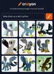 Size: 1162x1588 | Tagged: safe, craiyon, dall·e mini, derpibooru import, machine learning generated, gryphon, billie eilish, griffonized, image, png, species swap