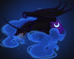 Size: 1280x1024 | Tagged: safe, artist:snowberry, derpibooru import, nightmare moon, alicorn, pony, bat wings, butt, covering eyes, crying, curved horn, dock, drool, ethereal mane, fangs, floppy ears, frog (hoof), horn, image, lying down, open mouth, png, realistic horse legs, sad, shivering, simple background, sparkles, tail, tongue out, underhoof, wings