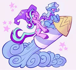 Size: 2048x1890 | Tagged: safe, artist:microsstash, derpibooru import, starlight glimmer, trixie, pony, unicorn, accessory swap, clothes, duo, female, hat, image, jpeg, mare, rocket, toy interpretation, trixie's hat, trixie's rocket