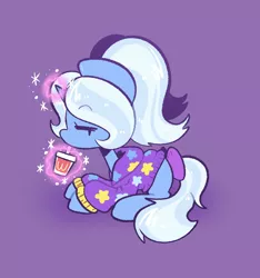 Size: 867x925 | Tagged: safe, artist:typhwosion, derpibooru import, trixie, pony, unicorn, alternate hairstyle, babysitter trixie, clothes, eyes closed, female, hoodie, image, jpeg, sipping, solo