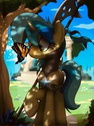 Size: 3000x4000 | Tagged: safe, artist:flaremoon, derpibooru import, oc, oc:mercury haze, butterfly, insect, pony, unicorn, armor, butterfly on nose, female, guardsmare, halberd, image, insect on nose, jpeg, mare, royal guard, weapon