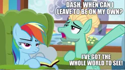 Size: 1279x721 | Tagged: safe, derpibooru import, edit, edited screencap, screencap, rainbow dash, zephyr breeze, pegasus, pony, flutter brutter, book, caption, couch, duo, ear fluff, ears, female, image, indoors, jpeg, male, mare, pinocchio, quote, rainbow dash is not amused, simple background, stallion, text, unamused