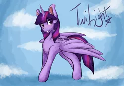 Size: 2048x1423 | Tagged: safe, artist:mscolorsplash, derpibooru import, twilight sparkle, twilight sparkle (alicorn), alicorn, pony, eye clipping through hair, eyebrows, eyebrows visible through hair, female, grin, image, jpeg, looking at you, mare, name, smiling, smiling at you, solo