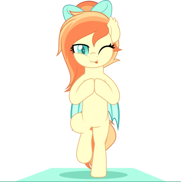 Size: 5000x5028 | Tagged: safe, artist:jhayarr23, derpibooru import, oc, oc:sunshine drift, unofficial characters only, bat pony, pony, bipedal, bow, female, hair bow, image, looking at you, mare, one eye closed, png, simple background, smiling, solo, standing, standing on one leg, tongue out, transparent background, wink, winking at you, yoga, yoga mat