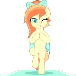 Size: 5000x5028 | Tagged: safe, artist:jhayarr23, derpibooru import, oc, oc:sunshine drift, unofficial characters only, bat pony, pony, bipedal, bow, female, hair bow, image, looking at you, mare, one eye closed, png, simple background, smiling, solo, standing, standing on one leg, tongue out, transparent background, wink, winking at you, yoga, yoga mat