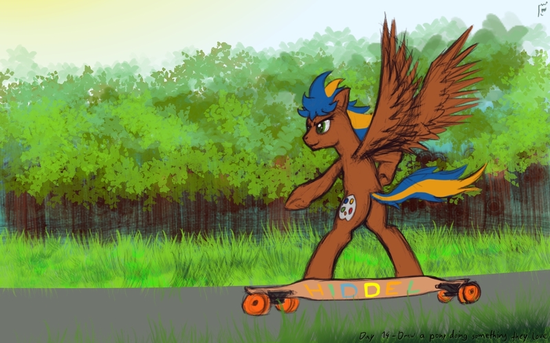 Size: 1920x1200 | Tagged: safe, artist:hiddelgreyk, derpibooru import, oc, unofficial characters only, pegasus, brown coat, grass, grass field, image, jpeg, longboard, outdoors, pegasus oc, road, signature, skateboard, skateboarding, tree, wings