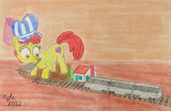 Size: 4032x2629 | Tagged: safe, derpibooru import, apple bloom, earth pony, pony, atg 2022, conductor hat, image, jpeg, model train, newbie artist training grounds, solo, traditional art, train