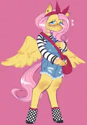 Size: 1555x2240 | Tagged: safe, artist:gobstopper, derpibooru import, fluttershy, pegasus, pony, blushing, bracelet, ear piercing, earring, female, image, jewelry, piercing, pink background, png, short hair, simple background, solo, spread wings, standing on two hooves, wings