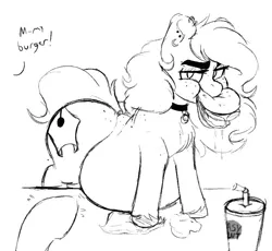 Size: 770x709 | Tagged: safe, artist:somefrigginnerd, derpibooru import, oc, oc:pencil test, earth pony, pony, succubus, belly, big belly, burger, choker, collar, colored hooves, dialogue, ear piercing, earring, earth pony oc, eating, fat, female, food, grayscale, image, jewelry, large butt, looking at you, monochrome, offscreen character, piercing, png, pov, raised hoof, simple background, solo focus, stealing, table, the greasy slut, thick eyebrows, unshorn fetlocks