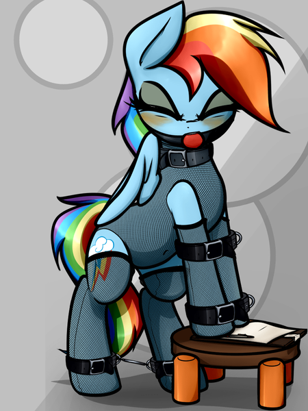 Size: 768x1024 | Tagged: questionable, artist:jetwave, rainbow dash, pegasus, pony, ballgag, blue coat, blushing, bondage, bound arms, bound legs, choker, cuffs, cutie mark, eyes closed, eyeshadow, female, fishnet clothing, fishnet gloves, fishnets, frustrated, gag, gray background, image, makeup, mare, multicolored mane, multicolored tail, png, simple background, solo, solo female, standing, stool, struggling