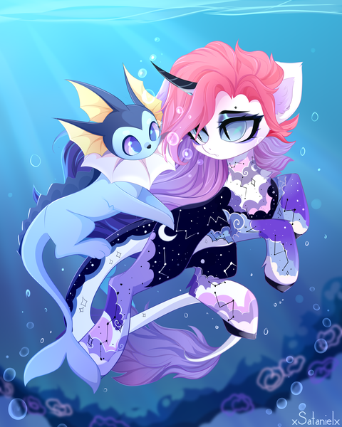 Size: 4000x5000 | Tagged: safe, artist:xsatanielx, derpibooru import, oc, oc:azur diamond, unofficial characters only, pony, unicorn, vaporeon, blue eyes, bubble, clothes, crepuscular rays, curved horn, digital art, eyebrows, fish tail, flowing mane, high res, horn, image, looking at each other, ocean, png, pokémon, rcf community, signature, solo, sunlight, swimming, tail, underwater, water