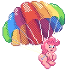 Size: 360x360 | Tagged: safe, artist:errorstream, derpibooru import, pinkie pie, earth pony, pony, atg 2022, image, newbie artist training grounds, parachute, pixel art, png, rainbow, simple background, skydiving, solo, transparent background