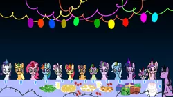 Size: 1920x1080 | Tagged: safe, artist:platinumdrop, derpibooru import, apple bloom, applejack, pinkie pie, princess cadance, princess flurry heart, rainbow dash, rarity, scootaloo, spike, starlight glimmer, sweetie belle, trixie, twilight sparkle, twilight sparkle (alicorn), oc, oc:twivine sparkle, alicorn, birthday cake, birthday gift, black vine, cake, cutie mark crusaders, food, hat, image, party hat, png, request, twivine sparkle