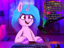 Size: 2732x2048 | Tagged: safe, artist:phutashi, derpibooru import, izzy moonbow, pony, unicorn, atg 2022, computer mouse, g5, gaming, high res, image, implied pipp petals, keyboard, newbie artist training grounds, open mouth, png, streaming, unshorn fetlocks