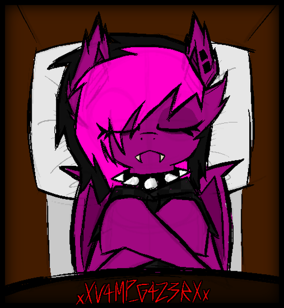 Size: 1014x1096 | Tagged: safe, artist:xxv4mp_g4z3rxx, derpibooru import, oc, oc:violet valium, unofficial characters only, bat pony, pony, bat pony oc, bat wings, closed mouth, clothes, coffin, collar, crossed hooves, ear piercing, eyelashes, eyeliner, eyes closed, eyeshadow, fangs, female, folded wings, hair over one eye, hoodie, image, makeup, mare, piercing, pillow, png, signature, sleeping, solo, spiked collar, two toned mane, wings