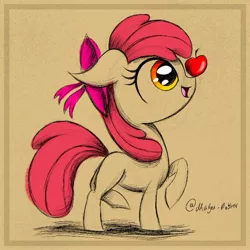 Size: 689x689 | Tagged: safe, derpibooru import, part of a set, apple bloom, earth pony, pony, apple, balancing, female, filly, foal, food, image, jpeg, ponies balancing stuff on their nose, sketch, solo