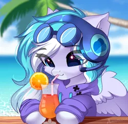 Size: 2342x2272 | Tagged: safe, artist:airiniblock, derpibooru import, oc, oc:skydrive, pony, alcohol, chest fluff, cocktail, commission, cute, drink, drinking straw, ear fluff, eye clipping through hair, eyebrows, female, food, headset, icon, image, mare, ocean, orange, palm tree, png, smiling, solo, tree, water, ych result