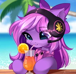 Size: 2342x2272 | Tagged: safe, artist:airiniblock, derpibooru import, oc, oc:lillybit, pony, alcohol, bow, chest fluff, cocktail, commission, cute, drink, drinking straw, ear fluff, eye clipping through hair, eyebrows, female, food, headset, icon, image, mare, ocean, orange, palm tree, png, smiling, solo, tree, water, ych result