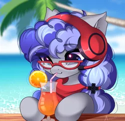 Size: 2342x2272 | Tagged: safe, artist:airiniblock, derpibooru import, oc, oc:cinnabyte, earth pony, pony, alcohol, chest fluff, cocktail, commission, cute, drink, drinking straw, ear fluff, eye clipping through hair, eyebrows, female, food, glasses, headset, icon, image, mare, ocbetes, ocean, orange, palm tree, png, smiling, solo, tree, water, ych result