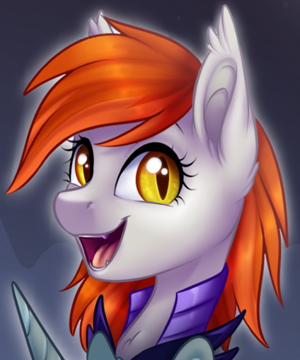 Size: 424x508 | Tagged: safe, artist:doekitty, oc, oc:sunfall ordain, unofficial characters only, bat pony, pony, fanfic:journey with a batpony, cropped, ear fluff, fanfic art, female, gradient background, happy, image, looking at you, mare, night guard, offscreen character, open smile, outline, png