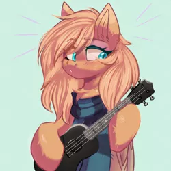 Size: 1000x1000 | Tagged: safe, artist:thieftea, derpibooru import, oc, oc:mirta whoowlms, pegasus, pony, blue background, blue eyes, blushing, chest fluff, clothes, image, musical instrument, png, scarf, simple background, solo, ukulele, wings