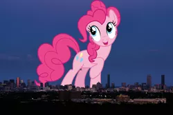 Size: 1400x933 | Tagged: safe, artist:cloudyglow, artist:thegiantponyfan, derpibooru import, pinkie pie, earth pony, pony, boston, female, giant pinkie pie, giant pony, giant/macro earth pony, giantess, highrise ponies, image, irl, macro, mare, massachusetts, mega giant, photo, png, ponies in real life