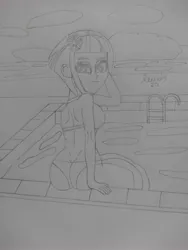 Size: 3120x4160 | Tagged: suggestive, artist:lewis20, derpibooru import, sunny flare, equestria girls, arm behind head, ass, beach, bikini, breasts, butt, clothes, image, jpeg, looking at you, sitting, sunny flank, swimming pool, swimsuit, traditional art