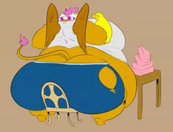 Size: 1280x982 | Tagged: safe, artist:saintdraconis, derpibooru import, oc, oc:skye lily, unofficial characters only, anthro, gryphon, series:skye's donut binge, clothes, donut, fat, female, food, griffon oc, image, jpeg, obese, pants, ripped pants, solo, solo female, torn clothes, weight gain, weight gain sequence