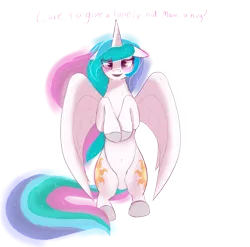 Size: 2023x2000 | Tagged: safe, artist:enonnnymous, derpibooru import, princess celestia, alicorn, pony, blushing, both cutie marks, bronybait, chest fluff, cute, cutelestia, dialogue, ear blush, hug request, image, imminent snuggles, looking at you, png, simple background, solo, spread wings, standing on two hooves, talking to viewer, transparent background, wings