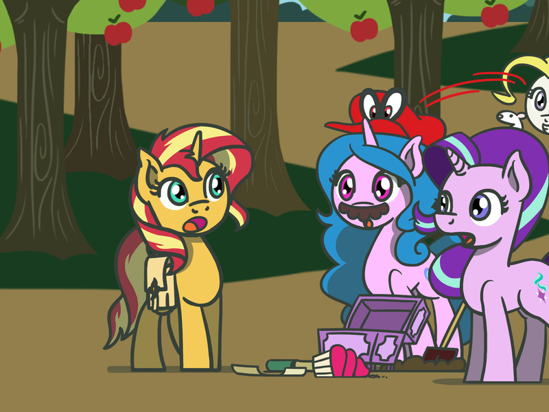 Size: 1800x1350 | Tagged: safe, artist:flutterluv, derpibooru import, part of a set, izzy moonbow, starlight glimmer, sunset shimmer, surprise, mouse, pegasus, pony, unicorn, apple, apple tree, atg 2022, bag, book, cappy (mario), cupcake, facial hair, food, g1, g5, image, jpeg, mario, moustache, newbie artist training grounds, paper, part of a series, quill, saddle bag, scroll, shovel, super mario bros., super mario odyssey, treasure chest, tree