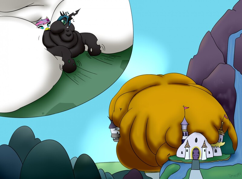 Size: 1280x950 | Tagged: questionable, artist:daikian, derpibooru import, queen chrysalis, oc, oc:skye lily, changeling, changeling queen, gryphon, series:invasive feast, bigger than a city, blob, canterlot, destruction, fat, female, image, jpeg, mass vore, morbidly obese, multiple prey, obese, property damage, royal wedding, vore, weight gain, weight gain sequence
