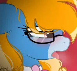 Size: 2262x2088 | Tagged: suggestive, artist:gelians, derpibooru import, oc, oc:pryeblue, earth pony, pony, breath, glasses, image, messy mane, png, solo, teary eyes, tongue out