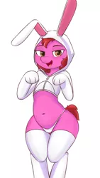 Size: 1080x1920 | Tagged: suggestive, artist:zeroonesunray, derpibooru import, oc, oc:lunatia elsa, semi-anthro, animal costume, belly button, bunny costume, clothes, costume, female, image, looking at you, open mouth, panties, png, socks, solo, stockings, thigh highs, underwear