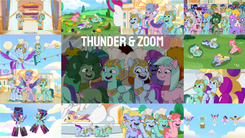 Size: 1972x1110 | Tagged: safe, derpibooru import, edit, edited screencap, editor:quoterific, screencap, posey (g5), queen haven, zipp storm, earth pony, pegasus, pony, unicorn, my little pony: tell your tale, sisters take flight, zipp's flight school, spoiler:g5, spoiler:my little pony: tell your tale, spoiler:tyts01e02, spoiler:tyts01e03, spoiler:tyts01e07, spoiler:tyts01e17, spoiler:tyts01e18, bipedal, clip trot, dahlia, eyes closed, female, fifi (g5), flare (g5), flying, g5, image, male, mare, on your cutie marks, open mouth, open smile, png, queens for a day, rocky (g5), smiling, spread wings, stallion, text, thunder (g5), windy (g5), wings, zoom zephyrwing